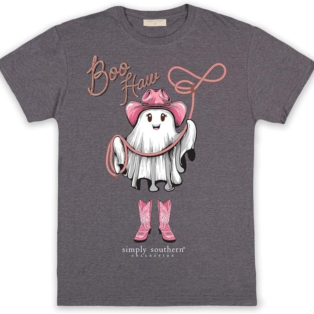 Simply Southern Boo Haw Cowgirl Ghost T-Shirt Dark Heather Gray Soft Size Medium